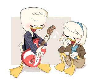 anthro clothing duo electric_guitar female guitar holding_guitar holding_musical_instrument holding_object male musical_instrument plucked_string_instrument string_instrument young bamboo_617 たけっこ disney ducktales ducktales_(2017) della_duck donald_duck anatid anseriform avian bird duck 2019 hi_res brother_(lore) brother_and_sister_(lore) sibling_(lore) sister_(lore)