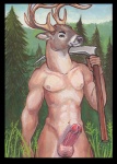 anthro antlers balls biped erection genitals horn male melee_weapon muscular muscular_anthro muscular_male navel nipples nude penis polearm scythe solo standing weapon seskata deer mammal 2012