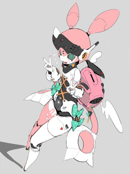 asymmetrical_clothing asymmetrical_coloring black_body black_sclera blush bodily_fluids bow_ribbon clothing female flat_chested gesture green_eyes grey_background hair hand_gesture legwear looking_at_viewer machine not_furry open_mouth pink_body pink_hair pseudo_clothing pseudo_hair shy simple_background solo spiral spiral_eyes sweat sweatdrop thigh_highs v_sign white_body metadora mihoyo zenless_zone_zero yutane_johiel humanoid robot robot_humanoid 2026 3:4 digital_drawing_(artwork) digital_media_(artwork) full-length_portrait hi_res portrait