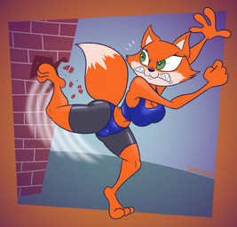 3_toes angry anthro barefoot bra breasts brick_wall cleavage clothed clothing dipstick_tail feet female fur glistening glistening_clothing green_eyes kick looking_back markings midriff orange_body orange_fur roundhouse_kick sharp_teeth solo spats sports_bra tail tail_markings tan_markings teeth tight_clothing toes toony underwear wall_(structure) gavanzude brutal_paws_of_fury foxy_roxy canid canine fox mammal 2024 alternate_version_at_paywall digital_media_(artwork) digital_painting_(artwork) hi_res painting_(artwork) signature