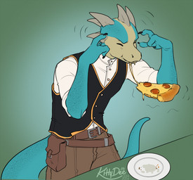 anthro belt belt_pouch blue_body bottomwear clothed clothing food head_spikes levitating levitating_object lizard_tail male pants pizza pizza_slice plate shirt simple_background solo spikes spikes_(anatomy) tail tan_body telekinesis topwear vest kittydee epic_games levitating_pizza unreal_(series) rammaris_(maaarked_one) alien gen_mo'kai lizard reptile scalie 2024 digital_media_(artwork) meme
