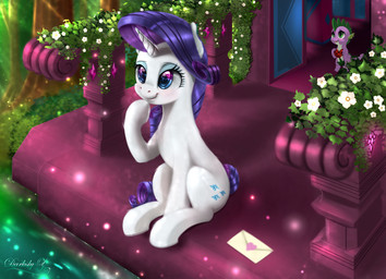 blue_eyes cutie_mark detailed_background duo envelope eyelashes female feral flower fur green_eyes holding_object horn plant solo_focus white_body white_fur young darksly-z friendship_is_magic hasbro my_little_pony mythology rarity_(mlp) spike_(mlp) equid equine mammal mythological_creature mythological_equine unicorn 2020 absurd_res digital_media_(artwork) hi_res