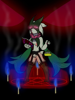 anthro breasts candle clothing darkness egg female genitals lingerie magic magic_book magic_circle nipples ritual solo vulva maximilianofox nintendo pokemon generation_9_pokemon meowscarada pokemon_(species) 3:4 hi_res