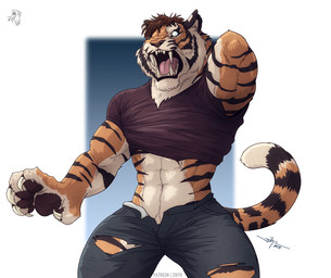 5_fingers abs after_transformation anthro biceps big_hands big_muscles biped black_lips bottomwear broad_shoulders brown_hair brown_nose brown_pawpads brown_stripes cheek_tuft claws clothing countershading crotch_tuft curled_fingers dipstick_tail ears_back facial_tuft fangs finger_claws fingers forearm_muscles fur hair hand_behind_head handpaw lips logo male markings multicolored_body multicolored_fur muscular muscular_anthro muscular_male neck_tuft open_mouth orange_body orange_fur pants pawpads paws pivoted_ears roaring sharp_teeth shirt simple_background snout solo standing stocky striped_body striped_fur stripes t-shirt tail tail_markings tan_body tan_claws tan_fur teeth text thick_fingers thick_limbs tight_bottomwear tight_clothing tight_pants tongue topwear torn_bottomwear torn_clothing torn_pants torn_shirt torn_t-shirt torn_topwear triceps tuft two_tone_body two_tone_fur white_eyes zibyr patreon felid mammal pantherine tiger werecreature werefelid werepantherine weretiger 2024 artist_logo artist_name hi_res shaded signature
