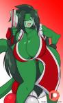 anthro big_breasts black_nose blue_eyes breasts cleavage clothed clothing cosplay female fur green_body green_fur green_hair hair huge_breasts inner_ear_fluff muscular muscular_anthro muscular_female one_eye_closed smile solo text tuft wink mastergodai fatal_fury knuckle_up! hawke_(mastergodai) mai_shiranui domestic_cat felid feline felis mammal english_text hi_res