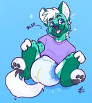 anthro biped bleb blebbing blue_eyes blush blush_lines clean_diaper clothed clothing diaper fangs feet fur fur_spots green_body green_fur hair hindpaw male paws shirt solo t-shirt teeth topwear wearing_diaper wetness_indicator white_hair spacefluuff kodai hyena mammal hi_res