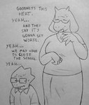 2023 absurd_res alphys anthro bodily_fluids boss_monster_(undertale) bovid caprine crossgender deltarune dialogue english_text eyewear female female_(lore) ftg_crossgender fti_crossgender glasses goat gynomorph heat_(temperature) hi_res intersex looking_at_bulge mammal monochrome perrox rectangular_glasses reptile scalie size_difference sweat text toriel traditional_media_(artwork) undertale undertale_(series)