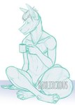 anthro canid digitigrade ear_piercing ear_ring facial_piercing featureless_crotch front_view hair holding_mug holding_object lip_piercing male mammal monochrome mouth_closed mug multiple_piercings navel nude piercing rayliicious ring_piercing short_hair simple_background sitting sketch snakebite_piercing solo tail