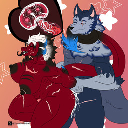 anthro big_breasts bite_mark black_hair blue_body bodily_fluids breasts cum cum_inside dark_nipples ejaculation eyes_closed facial_scar fangs female fluffy fluffy_tail genital_fluids hair horn male male/female mane multicolored_hair muscular muscular_anthro muscular_female muscular_male red_body red_eyes scar sex sharp_teeth simple_background spikes spikes_(anatomy) tail teeth tongue tongue_out two_tone_hair white_hair zortrex mythology yelena_(zortrex) canid canine canis dragon mammal myceelidos_(zortrex) mythological_creature mythological_scalie scalie wolf 1:1 absurd_res hi_res