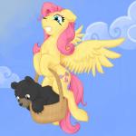 basket blue_eyes bodily_fluids brown_eyes carrying_another cloud container cutie_mark duo feathered_wings feathers female flying hair one_eye_closed outside pink_hair sky skyscape sweat wings yellow_body yellow_feathers geomancing friendship_is_magic hasbro my_little_pony mythology fluttershy_(mlp) bear equid equine mammal mythological_creature mythological_equine pegasus 1:1 2014 hi_res