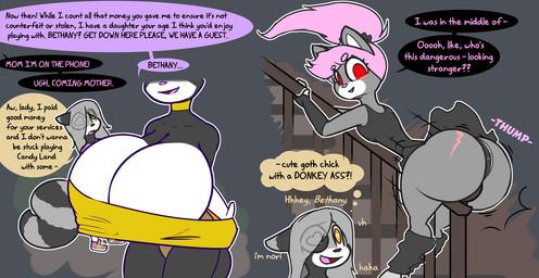 anthro big_breasts big_butt bottomwear breasts butt clothed clothing clothing_lift eye_patch eyewear female glowing glowing_eyes group hair heart_eyes heart_symbol huge_breasts huge_butt leg_warmers legwear loli long_hair male panties ponytail prostitution red_eyes scar scrunchie shortstack shota skirt skirt_lift sliding text underwear undressing young young_anthro norithics alexandra_salome bethany_blacksboro norithics_"nori"_kusemurai domestic_cat felid feline felis mammal procyonid raccoon vampire english_text hi_res