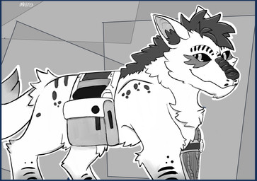 black_body black_fur black_markings black_nose black_sclera border feral fur male markings mechanical_leg quadruped scales solo transparent_border white_body white_fur zgf_art star_wars fervis_(razim) iddothings loth-wolf 2025 alpha_channel hi_res monochrome