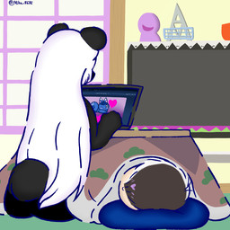 anthro black_body black_fur black_nose blue_body blue_fur blue_line_art blush computer detailed_background duo electronics female fur fur_markings furniture hair heart_symbol inside kotatsu laptop male male/female markings pillow round_ears selfship sitting sleeping table television white_body white_fur white_hair lunarpanda8686 animal_crossing e621 mr._osomatsu nintendo ichimatsu_matsuno mika_(lunarpanda8686) rosie_(animal_crossing) bear domestic_cat felid feline felis giant_panda human mammal 1:1 colored_line_art