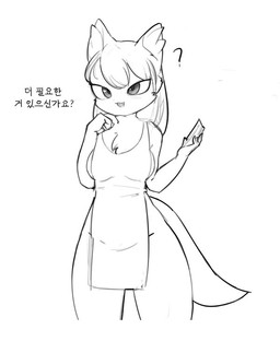 anthro apron apron_only asking big_eyes clothing female hair long_hair mostly_nude simple_background small_mouth solo text dali_(pixiv) fan_character black_and_white korean_text monochrome translated