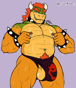 anthro armband ball_cleavage ball_slip balls barazoku biped black_briefs black_clothing black_underwear bodily_fluids bowser_logo bowser_logo_thong bracelet briefs clothed clothing collar front_view genitals green_body hair half-closed_eyes jewelry looking_at_viewer low-angle_view male musclegut muscular muscular_anthro muscular_arms muscular_legs muscular_male narrowed_eyes navel nipple_piercing nipples non-mammal_balls non-mammal_navel non-mammal_nipples pecs piercing pinching_own_nipple pose pubes purple_background red_hair scales seductive simple_background smile smirk smug solo spiked_armband spiked_bracelet spiked_collar spikes standing sweat sweatdrop tan_body tan_scales text thick_neck topless topless_anthro topless_male underwear la_burla mario_bros nintendo bowser dragon_koopa koopa scalie 2025 artist_name colored hi_res pinup