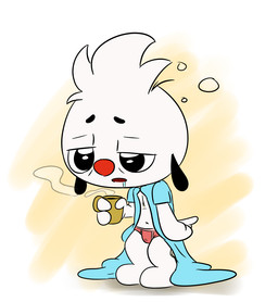 anthro bathrobe bodily_fluids briefs bulge clothed clothing container cup drooling fur half_asleep male mug open_clothing open_robe robe saliva solo steam underwear waking_up white_body white_fur young young_anthro young_male polygon5 playkids junior_(playkids) canid canine canis domestic_dog mammal