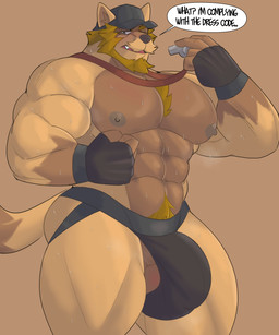 abs annoyed anthro aroused aroused_male athlete balls barazoku beard belly belly_hair biceps big_bulge big_muscles big_pecs black_clothing black_fingerless_gloves black_gloves black_handwear black_hat black_headwear black_jockstrap black_underwear blonde_beard blonde_chest_hair blonde_facial_hair blonde_hair blonde_pubes blonde_sideburns bodily_fluids body_hair brown_background brown_body brown_facial_hair brown_fur brown_mustache bulge butt chest_hair clothed clothing coach detailed_bulge dialogue erection erection_under_clothing erection_under_jockstrap erection_under_underwear facial_hair fingerless_gloves fist fur genital_outline genitals gloves hair handwear happy_trail hat headgear headwear huge_pecs jock jockstrap looking_at_viewer looking_down looking_down_at_viewer male manly mature_anthro mature_male muscular muscular_anthro muscular_arms muscular_male muscular_thighs musk mustache nipples pecs penis penis_outline presenting presenting_body presenting_bulge presenting_pecs pubes showing_off_muscles sideburns simple_background solo speech_bubble standing sweat sweatdrop sweaty_arms sweaty_belly sweaty_butt sweaty_chest sweaty_legs sweaty_neck tail tenting text thick_arms thick_thighs topless topless_anthro topless_male tough_guy underwear whistle_(object) whistle_around_neck yellow_body yellow_fur castrodour canid canine canis mammal wolf 5:6 absurd_res english_text hi_res