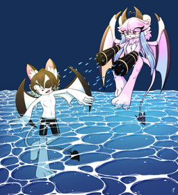 3_toes 5_fingers aiming_at_another aiming_weapon anthro black_hair blue_eyes bottomwear clothed clothing duo feet female fingers fur gatling_gun gradient_eyes gun gun_arm hair horn machine_gun male midair minigun mostly_nude mostly_nude_anthro mostly_nude_female mostly_nude_male neck_tuft one_eye_closed open_mouth partially_submerged pink_body pink_eyes pink_fur pink_hair pointy_ears ranged_weapon round_ears shooting_gun shooting_weapon shorts shorts_only simple_background spade_tail tail toes topless transparent_background tuft weapon weapon_arm white_body wings pink-like-candy pastel_velatis velatis_ferio_caedo verin_the_bat bat mammal unknown_species absurd_res alpha_channel hi_res