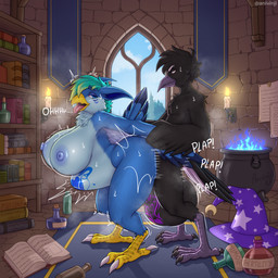 anthro ball_tattoo balls banner beak big_balls big_breasts big_penis black_beak black_body black_feathers black_hair blue_body blue_eyes blue_feathers bodily_fluids book bookshelf breasts breath candle carpet cauldron clothing duo feathers feet female furniture genital_tattoo genitals hair hat headgear headwear huge_balls huge_breasts huge_penis hyper hyper_balls hyper_breasts hyper_genitalia hyper_penis inside magic_book male male/female moan musk notes panting penis plap potion potion_bottle sweat tail tail_feathers talons tattoo toes turquoise_hair window wizard_hat womb_tattoo yellow_beak anivinji mythology apo_(apostel44) avius_volante avian bird dragon hybrid mythological_creature mythological_scalie scalie 1:1 absurd_res hi_res