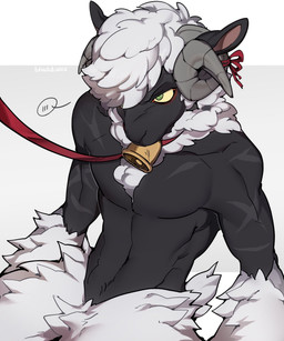 annoyed anthro arm_scar bell bell_collar biceps black_body collar cowbell fur green_eyes grey_horn horn leash leash_pull leashed_collar male muscular muscular_male navel pecs scar short_tail simple_background sitting solo tail white_background white_body white_fur wool_(fur) yellow_sclera bluddwxx bovid caprine mammal sheep colored digital_drawing_(artwork) digital_media_(artwork) hi_res shaded