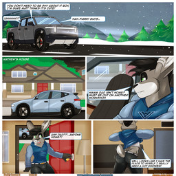 anthro big_bulge big_butt black_hair blue_clothing blue_hoodie blue_topwear border bottomwear buckteeth building bulge butt clothed clothing clothing_lift dialogue driving_truck ear_piercing ear_ring embarrassed fur green_eyes grey_body grey_fur hair hoodie house inside male midriff mountain muscular muscular_anthro muscular_male night outside pants piercing ring_piercing shirt shirt_lift short_hair snow speech_bubble sport_utility_vehicle talking_to_self teeth text tight_bottomwear tight_clothing tight_pants topwear truck undressing vehicle white_border aaron_(artist) andy_porter lagomorph leporid mammal rabbit 2024 comic digital_media_(artwork) english_text hi_res url