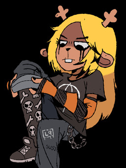 alternative_fashion anthro armwear black_background black_clothing black_footwear black_nose black_shirt black_shoes black_topwear blonde_hair bottomwear brown_body brown_fur buckteeth chain clothing female footwear fur goth hair legwear long_hair makeup mascara orange_stripes pants pattern_armwear pattern_clothing pattern_legwear pattern_socks running_makeup running_mascara shirt simple_background sitting skull_pattern socks solo striped_armwear striped_clothing stripes teeth topwear iluvrabbitz deltarune undertale_(series) noelle_holiday deer mammal new_world_deer reindeer 2025 3:4