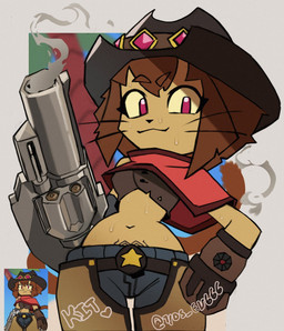 ammunition anthro bodily_fluids breasts chaps cowgirl_outfit curvy_figure female gun gun_arm handgun hourglass_figure looking_at_viewer midriff navel ranged_weapon revolver screencap smile smoking_gun solo sweat weapon weapon_arm womb_tattoo yos_ev666 gameoverse glitch_productions kit_bodega domestic_cat felid feline felis mammal hi_res official_art