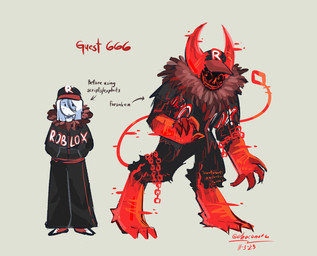 2_horns 4_fingers after_transformation anthro biped black_body black_bottomwear black_clothing black_fur black_hoodie black_pants black_topwear bottomwear brown_body brown_fur chain claws clothed clothing digitigrade fingers footwear fully_clothed fur glitch hair hand_in_pocket hat headgear headwear hoodie horn human_to_anthro implied_transformation long_tail male monotone_background mostly_nude pants pockets red_body red_fur shoes simple_background size_difference solo species_transformation square_crossover standing tail topwear transformation white_body white_hair white_skin worried choconoru forsaken_(roblox) roblox guest_666_(forsaken) demon human mammal monster signature nonbinary_(lore)