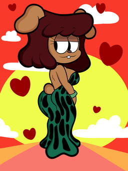 anthro breasts brown_body brown_nose buckteeth butt clothed clothing cloud dress female heart_symbol looking_aside outside rear_view side_boob small_tail solo sunset tail teeth blackmore cartoon_network ok_k.o.!_let's_be_heroes carla_(ok_k.o.!_lbh) canid canine canis domestic_dog mammal 3:4 absurd_res hi_res