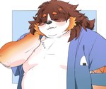 anthro belly big_belly black_nose blush brown_body eyes_closed jinbei_(clothing) kemono male overweight overweight_male solo white_body inunoshippo vtuber omusubi_inaho bernese_mountain_dog canid canine canis domestic_dog mammal molosser mountain_dog swiss_mountain_dog 2023 hi_res