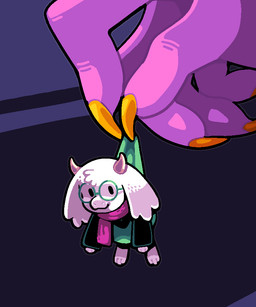 2_horns 3_toes ambiguous_gender anthro barefoot claws clothed clothing duo eyewear feet fingers fur glasses horn micro paws purple_body scarf simple_background smile toes toony topwear white_body white_fur discount-supervillain deltarune undertale_(series) ralsei susie_(deltarune) bovid caprine darkner goat lightner mammal scalie 5:6 digital_media_(artwork)