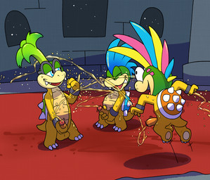 anus backsack balls bodily_fluids elemental_manipulation genital_fluids genitals group holding_own_penis holding_penis male male/male peeing peeing_on_another penis pissing_contest trio urine urine_stream watersports young argon_vile mario_bros nintendo iggy_koopa koopaling larry_koopa lemmy_koopa hi_res
