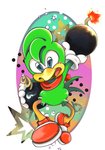 anthro beak blue_eyes bomb clothing explosives feathers footwear gloves green_body green_feathers handwear holding_object male shoes simple_background solo white_background yellow_beak mennnntaiko sega sonic_the_hedgehog_(series) bean_the_dynamite avian bird picid woodpecker 2020 hi_res