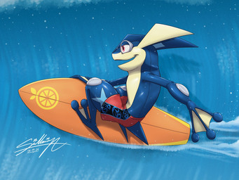 3_toes anthro bent_legs biped blue_body blue_markings blue_skin blue_water bottomwear bubble clothing crouching feet food fruit glossy_body male markings orange_(fruit) pink_eyes plant red_clothing red_swimming_trunks red_swimwear sea shorts surfboard surfer surfing swimming_trunks swimwear toes tongueless water wave yellow_body yellow_skin sagadreams nintendo pokemon amphibian generation_6_pokemon greninja pokemon_(species) 4:3 hi_res