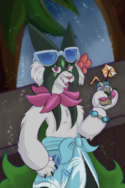 4_fingers accessory alcohol anthro beach beverage blue_sarong bracelet cocktail eyewear eyewear_on_head female fingers flower flower_in_hair glasses glasses_on_head hair hair_accessory holding_beverage holding_object holowear_(pokemon) jewelry looking_at_viewer open_mouth orange_flower pink_eyes plant solo wearing_glasses white_eyewear white_glasses white_sclera airymiller nintendo pokemon pokemon_unite beach_style_meowscarada felid feline generation_9_pokemon mammal meowscarada pokemon_(species) 2:3 half-length_portrait hi_res portrait