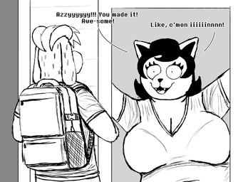 anthro backpack big_breasts bodily_fluids breasts cleavage clothed clothing dialogue duo fangs female horn male nervous nervous_sweat overweight overweight_anthro overweight_female sweat teeth text komododad deltarune undertale undertale_(series) asriel_dreemurr catty_cattenheimer boss_monster_(undertale) bovid caprine domestic_cat felid feline felis goat mammal 2025 4:3 black_and_white comic english_text hi_res monochrome