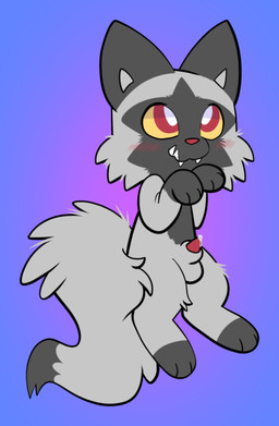 animal_genitalia balls blush blush_lines bodily_fluids feral fluffy fluffy_tail genital_fluids genitals leaking_precum looking_up male overbite_fang penis penis_tip precum sheath simple_background solo tail underbite catboyjail nintendo pokemon canid canine generation_3_pokemon mammal pokemon_(species) poochyena 2022 hi_res