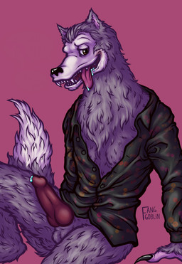 animal_genitalia animal_penis anthro balls black_claws black_dress_shirt blush bodily_fluids brown_eyes canine_genitalia canine_penis chest_tuft claws clothed clothing erection fluffy fluffy_tail fur genital_fluids genitals grey_body grey_fur grin half-closed_eyes looking_at_viewer male narrowed_eyes partially_clothed pattern_clothing pattern_shirt pattern_topwear penis precum presenting presenting_penis saliva saliva_on_tongue sharp_teeth shirt smile solo spots spotted_clothing spotted_shirt spotted_topwear tail teeth tongue tongue_out topwear tuft unbuttoned_shirt fanggoblin creative_engineering_incorporated showbiz_pizza_place the_rock-afire_explosion rolfe_dewolfe canid canine canis mammal wolf absurd_res colored detailed digital_media_(artwork) hi_res shaded