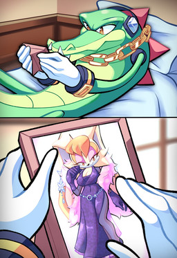 anthro back_spikes bed boa_(clothing) chain cheek_tuft clothing countershade_torso countershading dress electronics eyelashes eyeshadow facial_tuft female furniture gloves gold_(metal) gold_chain green_body handwear head_tuft headphones holding_picture makeup male photo picture_frame pillow purple_clothing purple_dress purple_eyeshadow slit_dress snout spikes spikes_(anatomy) thick_eyelashes tuft window nan0lovesyou marvel sega sonic_the_hedgehog_(series) wolverine_crush_(meme) x-men vanilla_the_rabbit vector_the_crocodile crocodile crocodilian lagomorph leporid mammal rabbit reptile scalie hi_res