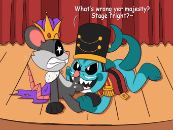 anthro balls belt belt_buckle bite black_body black_fur blue_body buckle cape clothed clothing cock_and_ball_torture crown curtains detailed_background duo evil_grin eyebrows facial_hair female fin frown fur genital_torture genitals grabbing_both_legs grey_body grey_fur hat headgear headwear highlights_(coloring) king looking_at_another looking_at_partner looking_up_at_partner lying male male/female military_jacket military_uniform multicolored_body mustache nutcracker on_front on_model pain pantsless penis pink_nose pink_tail pupils purple_clothing raised_eyebrow red_clothing royalty shark_tail sharp_teeth shocked sitting smile smiling_at_another smiling_at_partner stage stage_curtains stage_show star tail teeth text uniform white_pupils slightlyarousedguy mob_entertainment nightmare_critters poppy_playtime the_nutcracker maggie_mako_(poppy_playtime) touille_(poppy_playtime) aquatic fish mammal murid murine rat rodent shark 4:3 english_text hi_res shaded signature