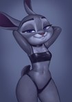 2022 absurd_res anthro bedroom_eyes breasts buckteeth clothed clothing collaboration disney female fur grey_body grey_fur hands_behind_head hi_res judy_hopps kodigozoot lagomorph leporid long_ears looking_at_viewer mammal meme multicolored_body narrowed_eyes navel pink_nose pinup portrait pose purple_eyes qupostuv35 rabbit scut_tail seductive short_tail simple_background small_breasts smile solo squint standing tail teeth thick_thighs three-quarter_portrait translucent translucent_clothing two_tone_body wide_hips zootopia