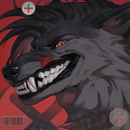 abstract_background ambiguous_anthro ambiguous_gender anthro black_hair cheek_tuft ears_back facial_tuft fangs fur glistening glistening_eyes grey_body grey_fur grin hair looking_at_viewer messy_hair neck_tuft pivoted_ears red_eyes smile solo teeth tuft justkiddinb canid canine mammal 1:1 hi_res