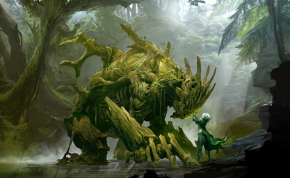 ambiguous_gender biped breasts clothed clothed_female clothing duo female fog forest fully_clothed fully_clothed_female gloves green_body hair hand_on_head handwear jungle larger_ambiguous light light_beam midriff moss outside palm_tree partially_submerged plant plant_clothing plantigrade rock size_difference smaller_female standing sunbeam sunlight tree vines water white_hair kekai_kotaki guild_wars caithe elemental_creature flora_fauna humanoid sylvari treant absurd_res concept_art hi_res official_art