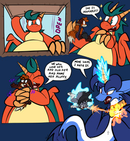 2_horns ambiguous_gender anthro attack belly black_cape black_clothing black_nose black_text blue_body blue_fur blue_hair cape cheek_tuft claws clothing dialogue dot_pupils elemental_manipulation exclamation_point eyebrows eyelashes eyes_closed facial_tuft fangs feathers feral finger_claws fire fire_manipulation fluffy fluffy_tail forked_tongue fur green_eyes grey_body group hair holding_another horn hug hugging_another looking_at_another macro motion_lines mouth_closed open_mouth open_smile orange_body red_eyes sharp_teeth smile sound_effects sparkles speech_bubble tail talking_to_another teeth telekinesis text tongue tuft white_sclera wings virmir mythology renbrand saida sierra_(virmir) virmir_(character) canid canine couatl dragon feathered_scalie feathered_snake fox mammal mythological_creature mythological_scalie reptile scalie snake absurd_res alpha_channel comic english_text hi_res female_(lore) male_(lore)