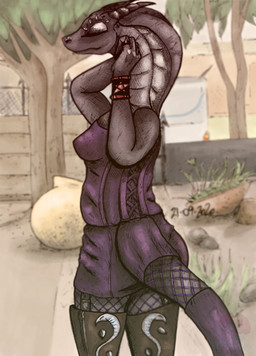 alternative_fashion anthro boots bracelet car clothing dark dress female footwear goth jewelry legwear ring shoes slightly_chubby solo stockings vehicle vandclash cobra reptile scalie snake hi_res mixed_media