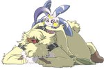 anthro belt fluffy fur hair hair_over_eyes long_ears male ponytail_ears size_difference yellow_body yellow_fur portugueselynx bandai_namco digimon angoramon digimon_(species) lagomorph leporid lunamon mammal rabbit hi_res