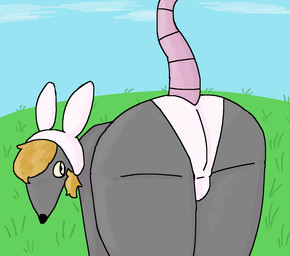 anthro blonde_hair bulge bulge_from_behind bunny_hood butt clothing fake_ears fake_rabbit_ears hair landscape male panties presenting presenting_hindquarters sky skyscape solo underwear warprat fionna_and_cake_(franchise) pepperrat mammal murid murine rat rodent hi_res