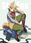 anthro boots clothing crossgender eyelashes female footwear jacket kerchief legwear mtf_crossgender shoes sitting smile solo thick_thighs thigh_highs topwear skyhellefzone nintendo star_fox fox_mccloud canid canine fox mammal hi_res