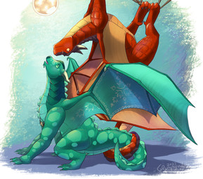abstract_background ambiguous_gender armband claws countershade_torso countershading digitigrade duo entwined_tails facial_scar feet feral finger_claws green_body green_eyes green_scales horn long_neck looking_at_another membrane_(anatomy) membranous_wings open_mouth orange_eyes quadruped red_body red_scales scales scar smile tail tail_coil toe_claws toes tongue upside_down webbed_feet webbed_hands wing_claws wings yellow_sclera conditional_dnp grumpyvulpix european_mythology mythology wings_of_fire turtle_(wof) umber_(wof) dragon mudwing_(wof) mythological_creature mythological_scalie scalie seawing_(wof) western_dragon 2023 hi_res shaded signature male_(lore)