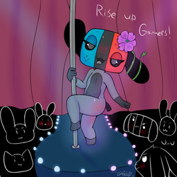 anthro blush curtains dancing dialogue female flower group inside multicolored_body naughty_face plant pole pole_dancing pose text tongue tongue_out toony two_tone_body vines trippybunny nintendo nintendo_switch switch_dog canid canine domestic_cat felid feline felis lagomorph leporid mammal rabbit 1:1 2020 digital_media_(artwork) english_text pinup